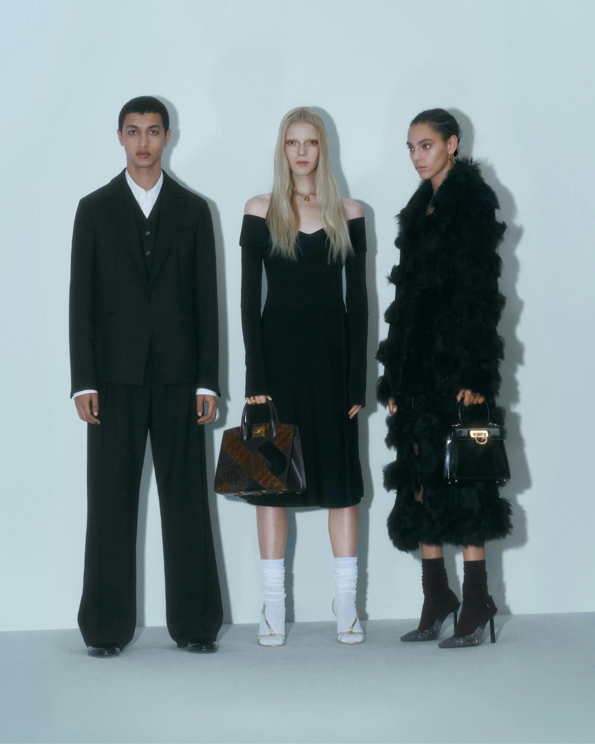 long sleeve coat handbag suit formal wear shoe high heel dress fashion person