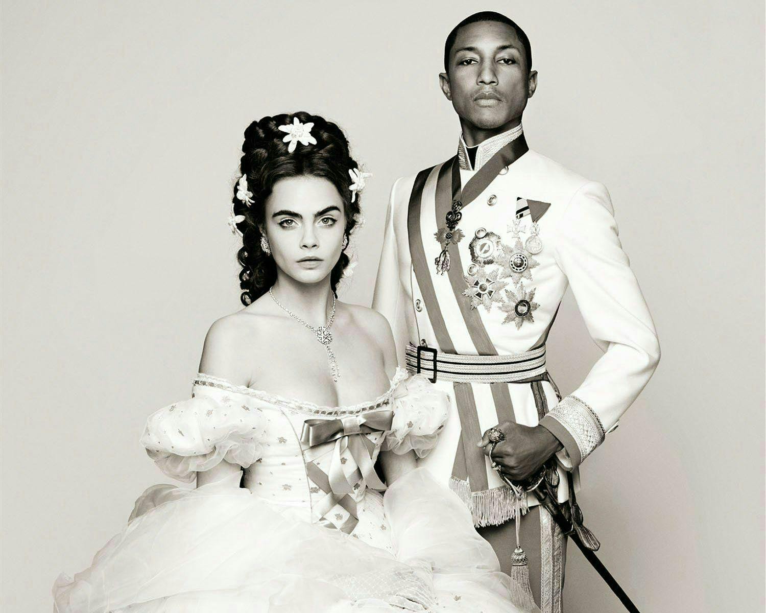 cara delevingne court dress fashion of the period musical (genre) pharrell williams reincarnation scene still clothing apparel person wedding gown wedding gown robe female woman